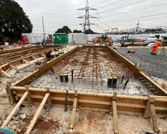 Reinforcement fixed in formwork for a large concrete base